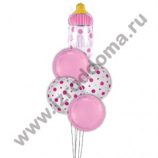 Букет из шариков с гелием Бутылочка в розовых и в горошек кругах (девочка)